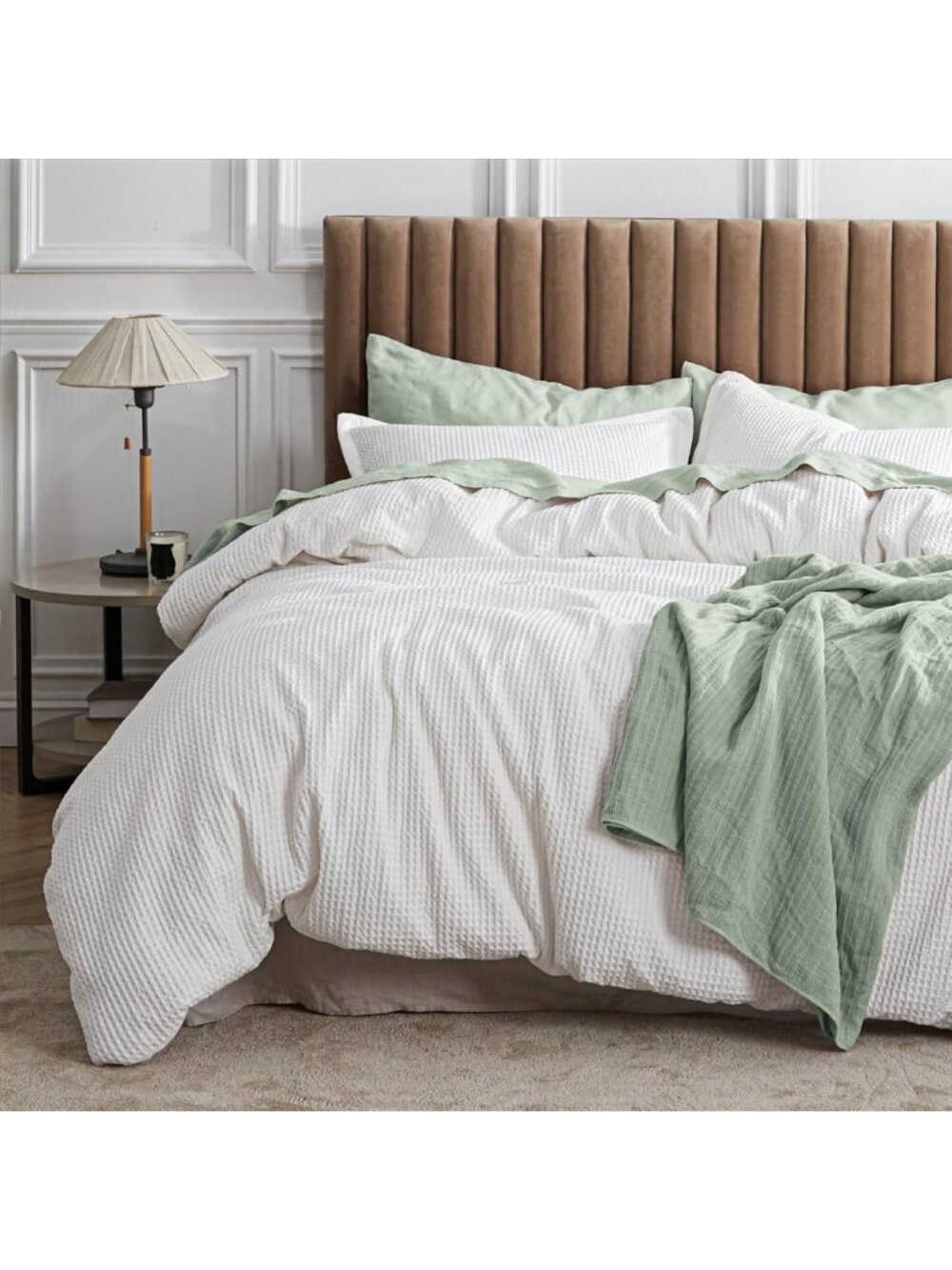 Bedsure Waffle Comforter Set Queen Size, Soft Cotton Cover, White